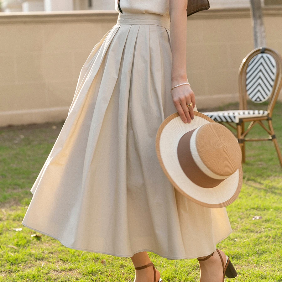 Summer Fashion Women Solid Beige A-Line Pleated Skirt Classic Basic Long Cozy Vacation Outwear Work Dress For Ladies